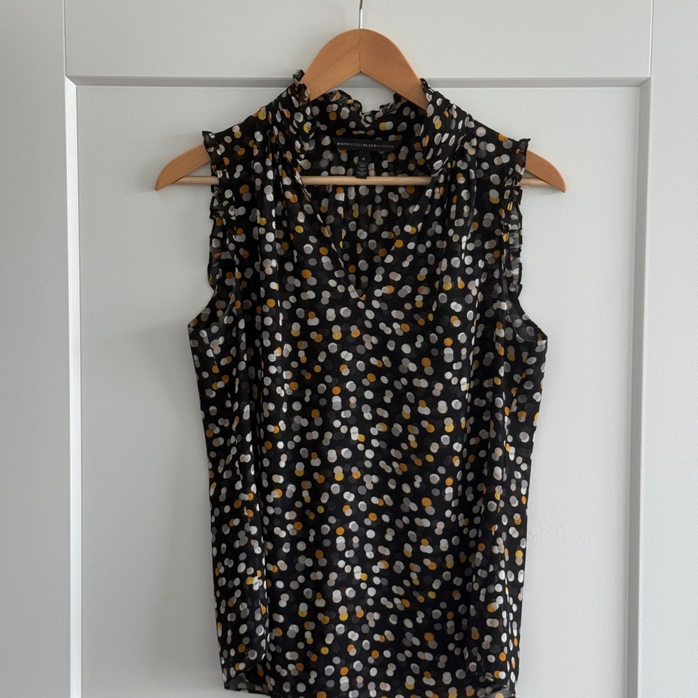 White House Black Market Black and Gold Polka Dot Blouse